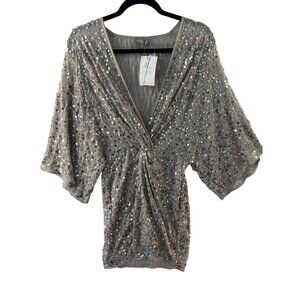 ASOS Beige Sequin Wrap Mini Dress With Flared Sleeves V-Neck Size 6 Polyester Bl